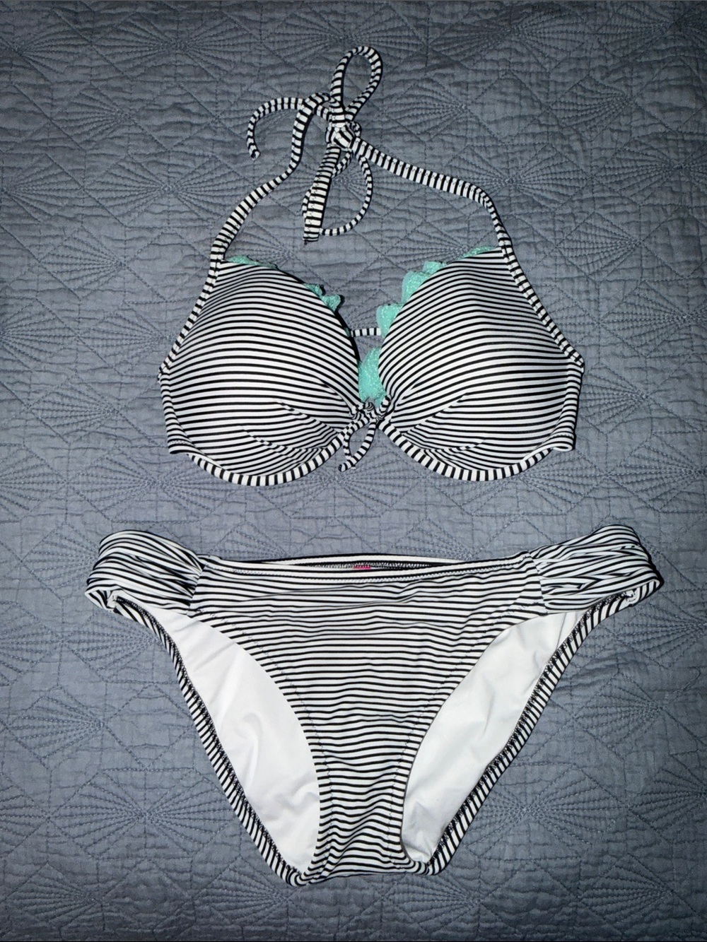 Victoria's Secret Black and White Striped Halter Bikini with Mint Accents
